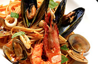 Pescatora – Spaghetti with tomato sauce, seafood, & vegetables