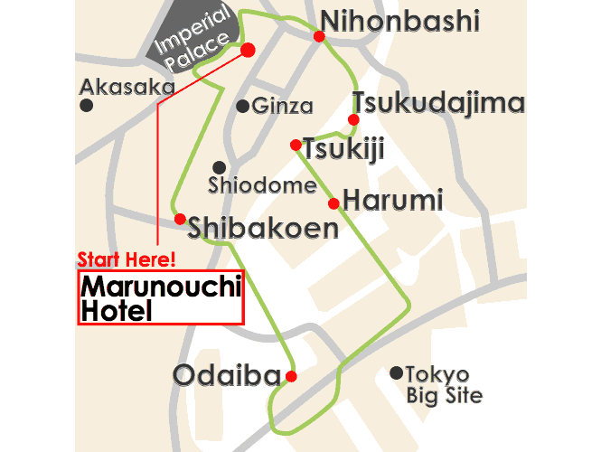 Map to Tokyo Great Cycling Tour, Guided Bike Tour of Tokyo